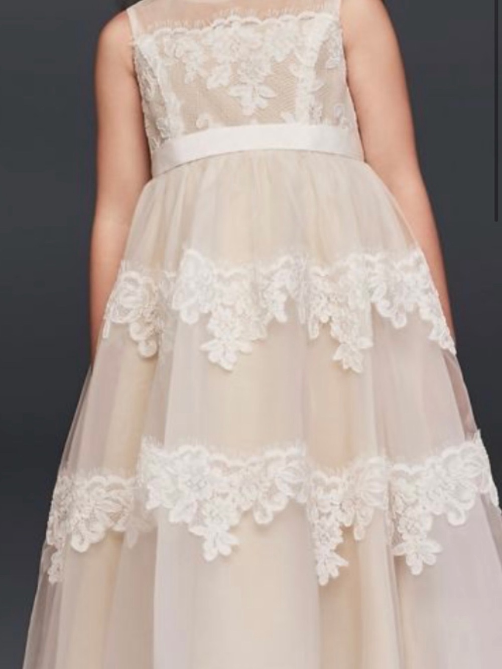 Ivory Lace Tulle Kids Dress with Blue Sash Flow David Bridal Lace Illusions - Picture 6 of 6